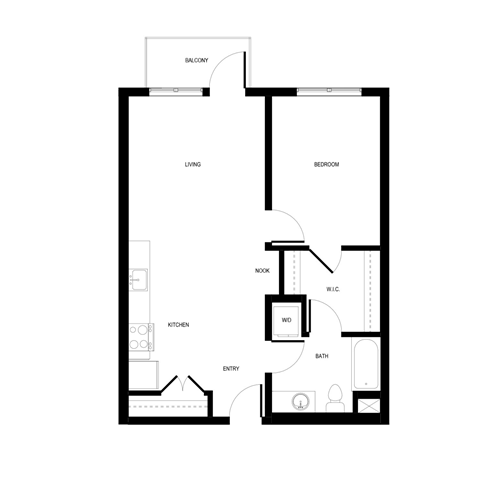 Floor plan for 1 bed, 1 bath, 739 sqft